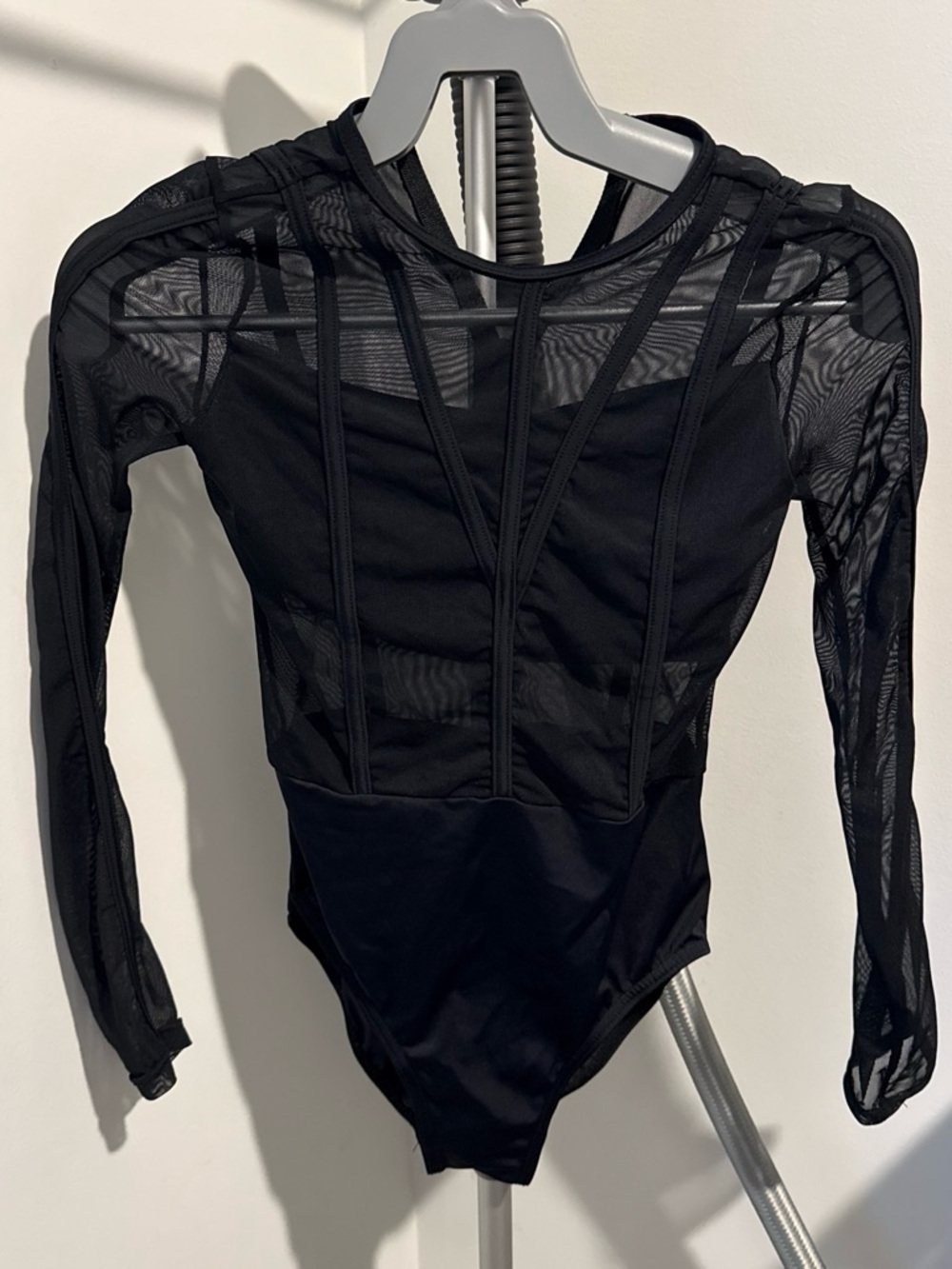 Weissman Black Mesh Long-Sleeve One-Piece Leotard